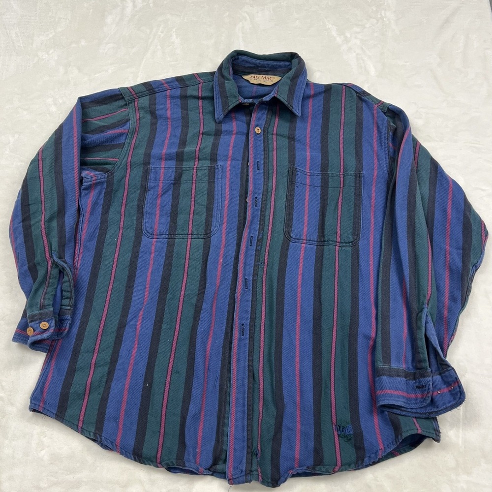 Big Mac Flannel Shirt Mens XL Tall Blue Green Striped Distressed Workwear 0171